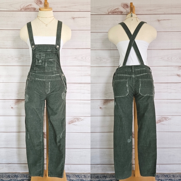 Free People Pants - Free People Ziggy Criss Cross Strap Overalls in Distressed Olive Corduroy Sz 25